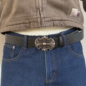 2000s Vintage Chrome Cross Buckle Belt – Unisex Grunge Emo Skater Style, New